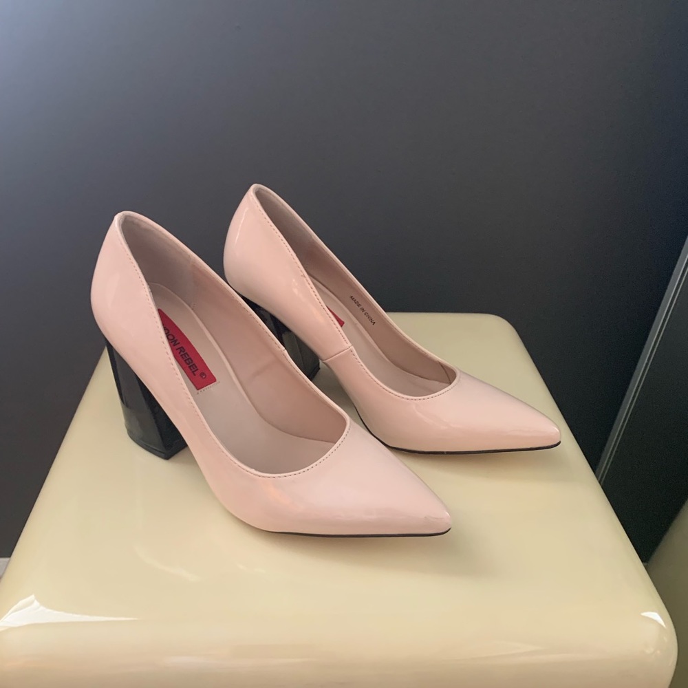 Blush with black block heel
